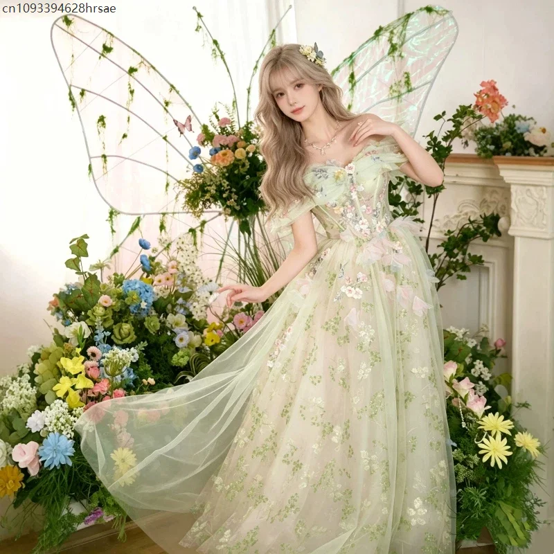 Disfraz de Hada del Bosque para Mujer, Vestido Largo de Tul Floral con Hombros Descubiertos, Traje de Elfo para Cosplay, Fiesta de Disfraces, Actuación en Escenario, Traje Elegante