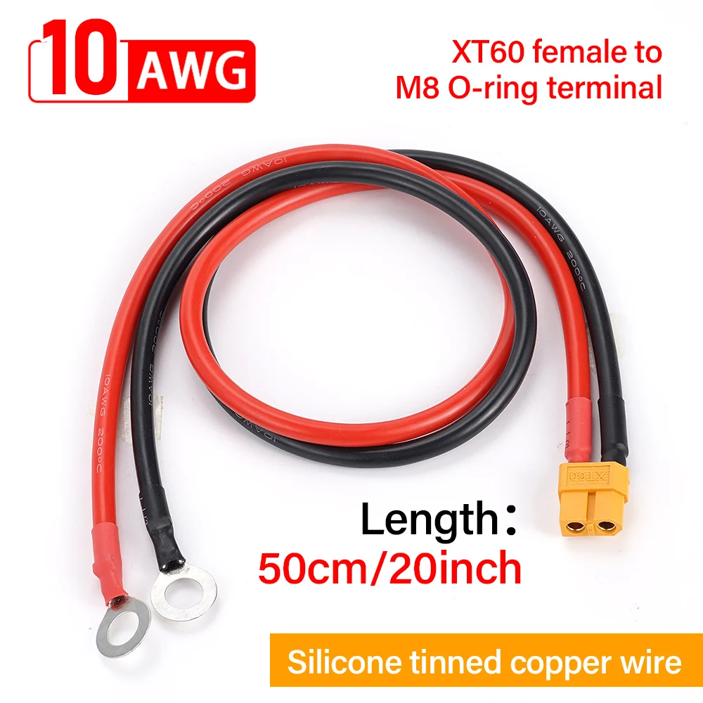 10AWG 50cm XT60 cabeza hembra giro M8 O terminal cable de cobre estañado de silicona para cable de conexión de panel solar de batería de coche y