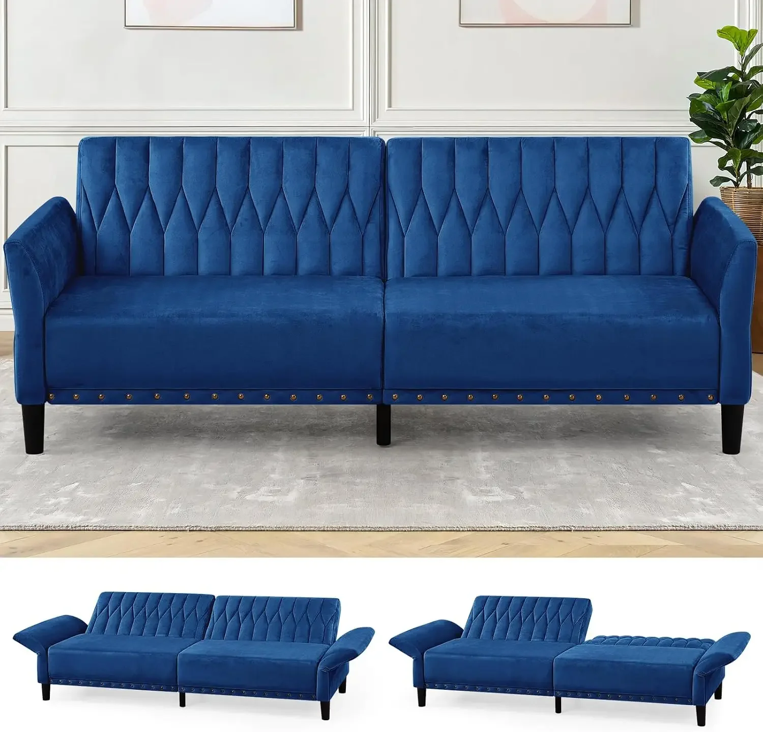 77” Velvet Sofa Bed with Adjustable Armrests and Backrests, Blue | Tufted Convertible Futon Couch with Nailhead Trim, Loveseat M