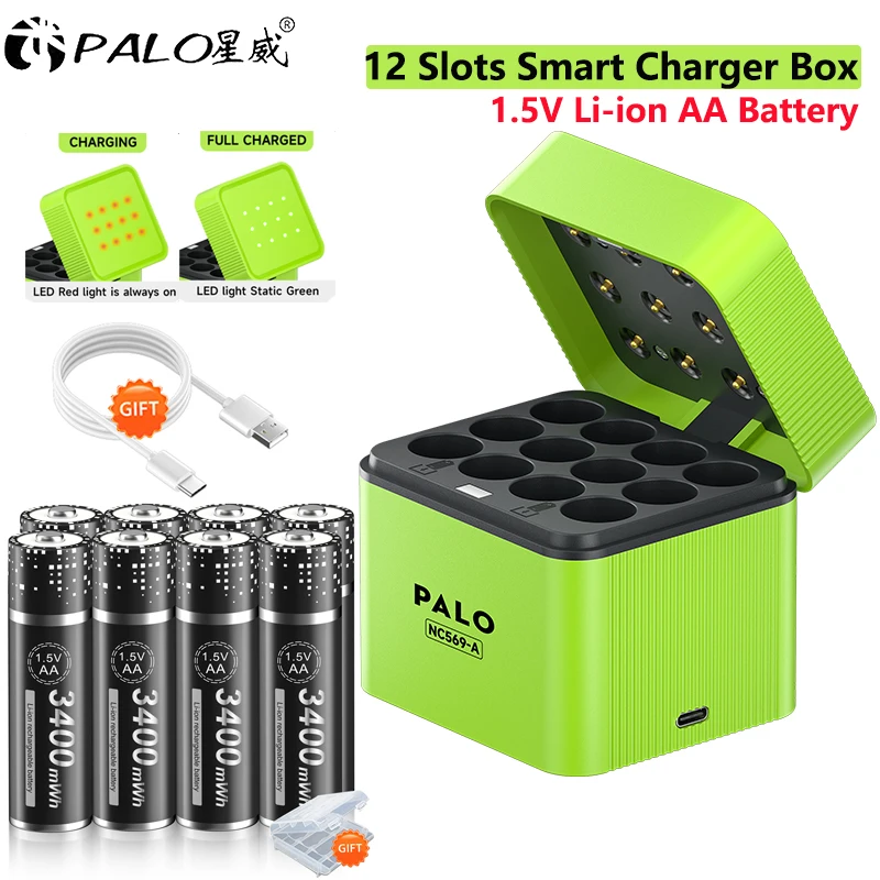 

1.5V AA Rechargeable Battery lithium Batteries for Camera,GPS,Toys,Mouse With 12 slots Fast Charging Box for AA Li-ion Battery