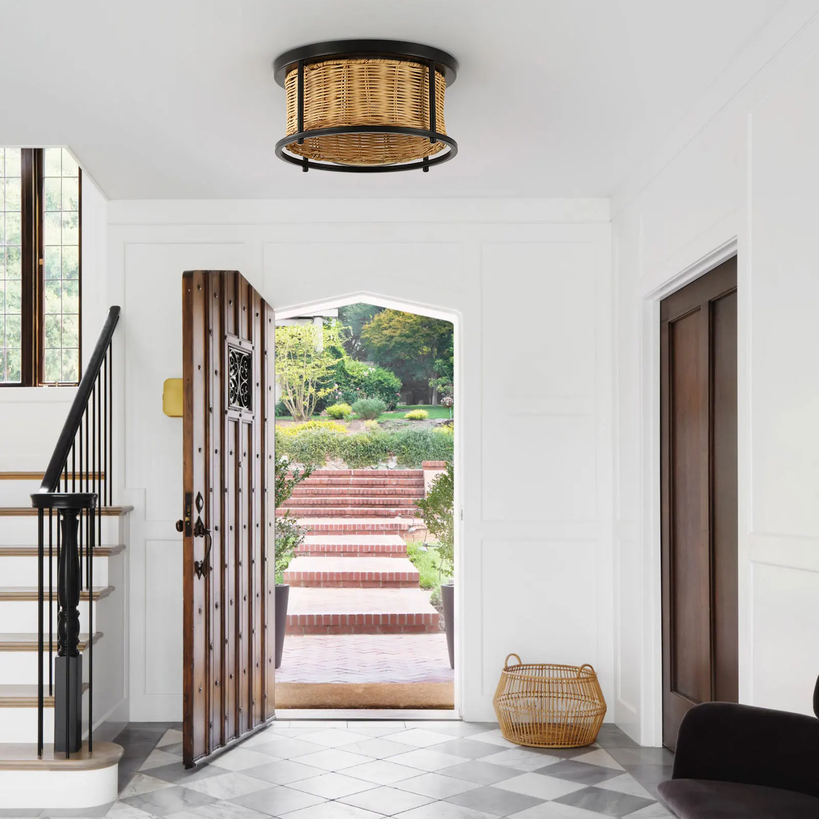 Bamboo Wicker Rattan Shade Chandelier Light Rustic Flush-Mount Ceiling Light NEW