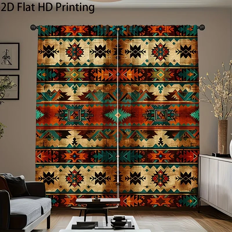 

2pcs Western Indian style print Curtains - Rod Pocket Window Drapes. Retro Window Treatments