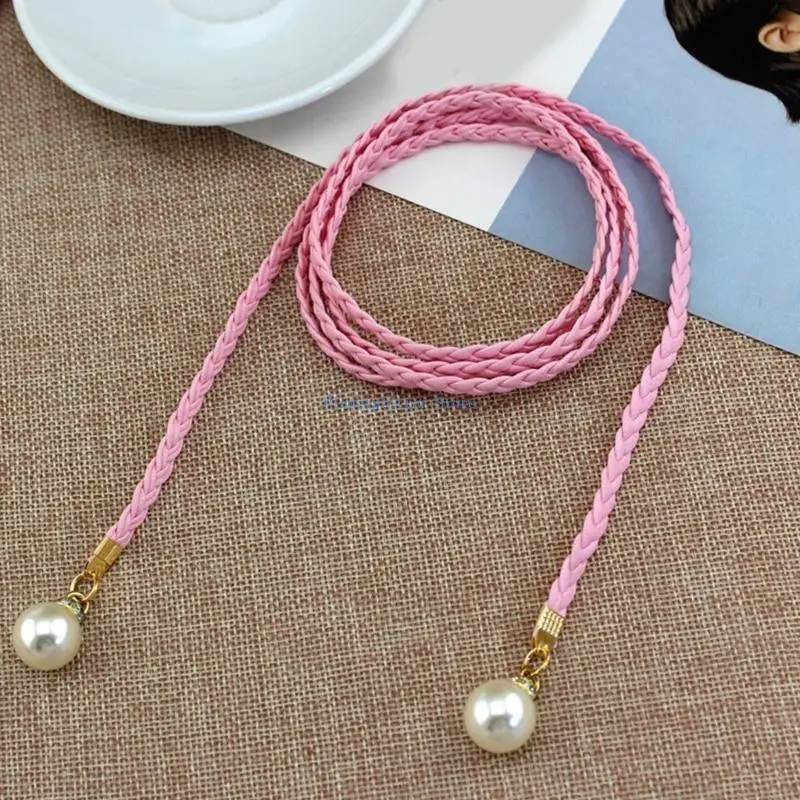 

652B Vintage Knot Braided Thin Belt for Women White Pearl Decors Ladies Dress Belt