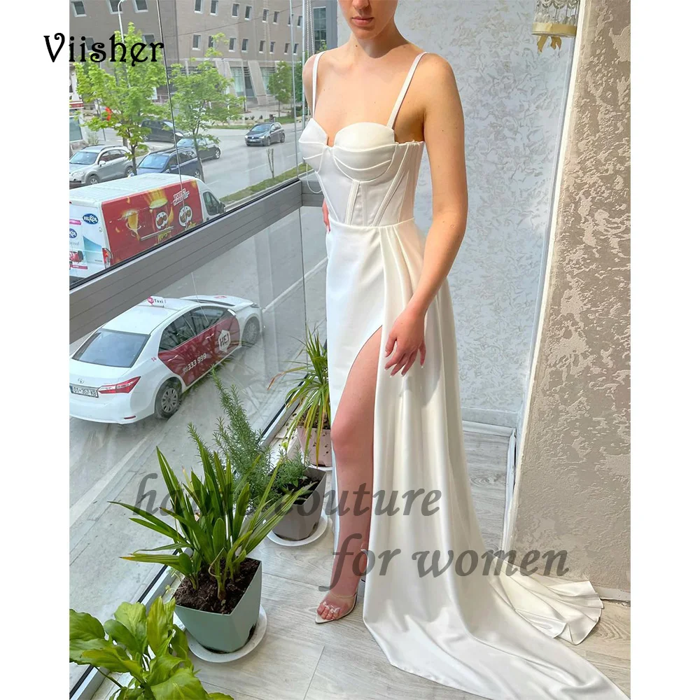 

White Satin Mermaid Prom Dresses with Slit Spaghetti Straps Sweetheart Evening Party Dress Long Womens Formal Evening Gowns