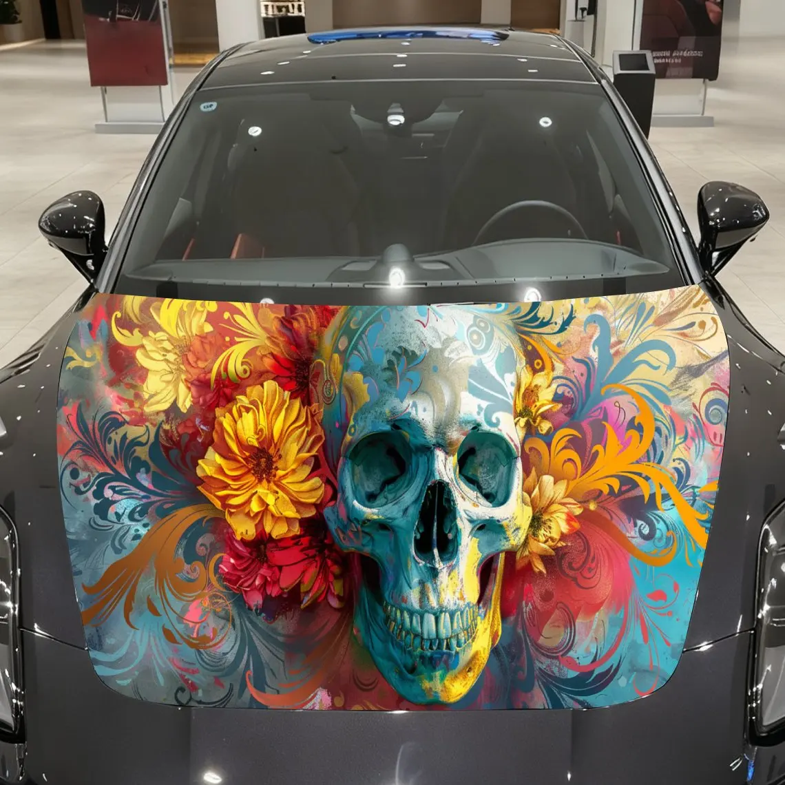Pink Floral Butterfly Style Car Hood Wrap, Colorful Abstract Skull Car Hood Decal, Car Exterior Accessory, Waterproof and Self-a