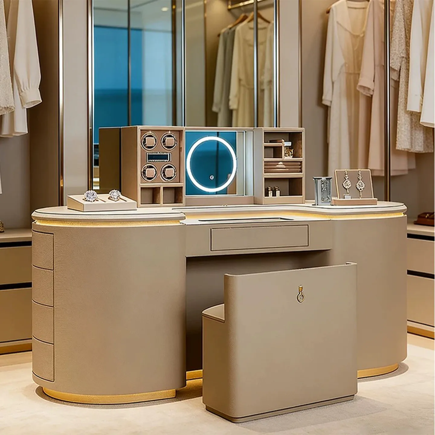 & High-End Smart Wood Jewelry Island Cabinet with Makeup Mirror Walk-In Closet Creative Villa Bedroom Design Luxury Dressing Tab