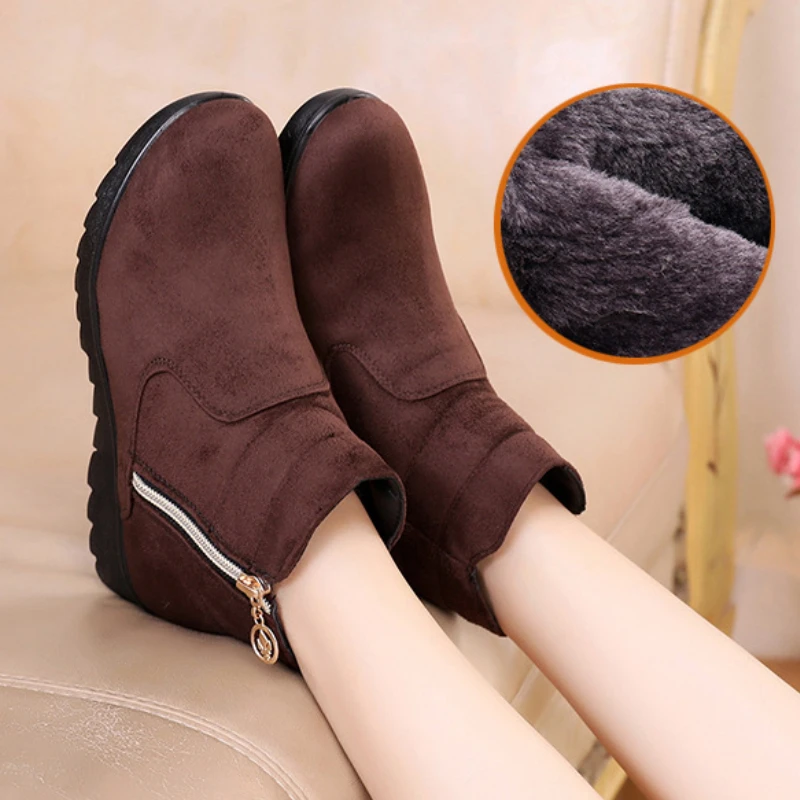 Women Side Zip Snow Boots Winter Solid Colour Warm Mother Thickened Cotton Shoes Soft Bottom Non-slip Flats Botas De Nieve