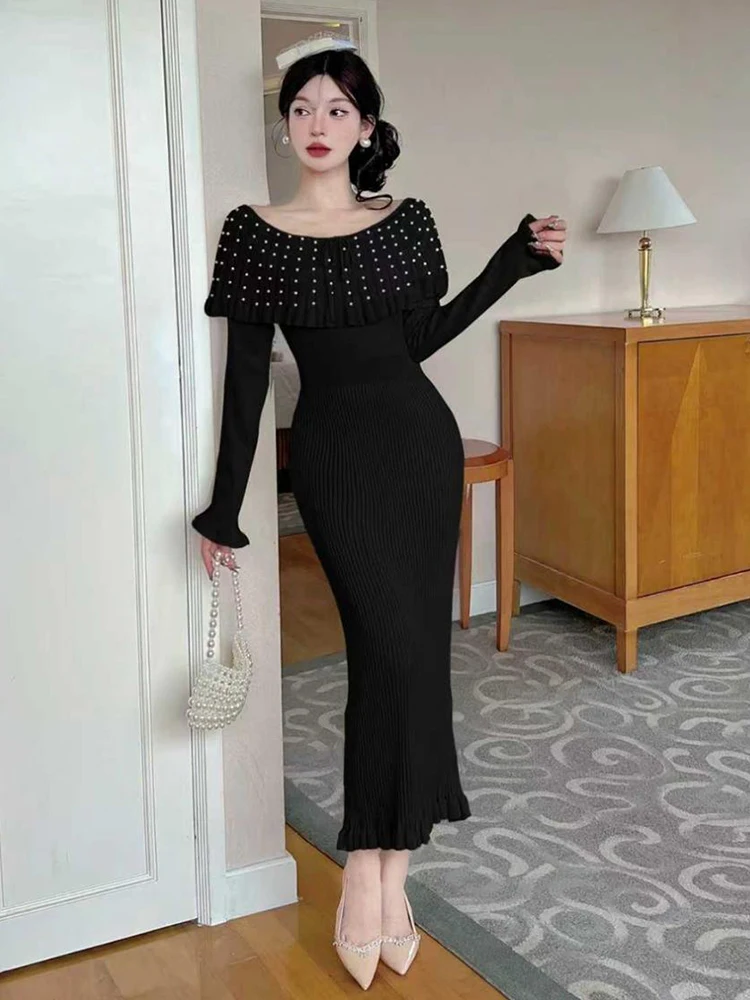 Vrouwen gebreide off-shoulder ruche lange mouw bodycon maxi lange jurk zoete elegante partij casual gewaad vestidos dame straatkleding