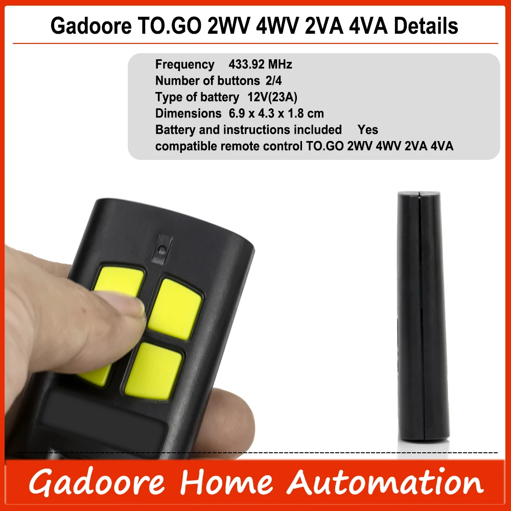 Gadoore TO.GO 2VA 4VA 2WV 2WP Garage Door Remote TO.GO 2VA TO.GO 4VA 433MHz Compatible with BENINCA TO.GO 2VA 4VA 2WV 2WP