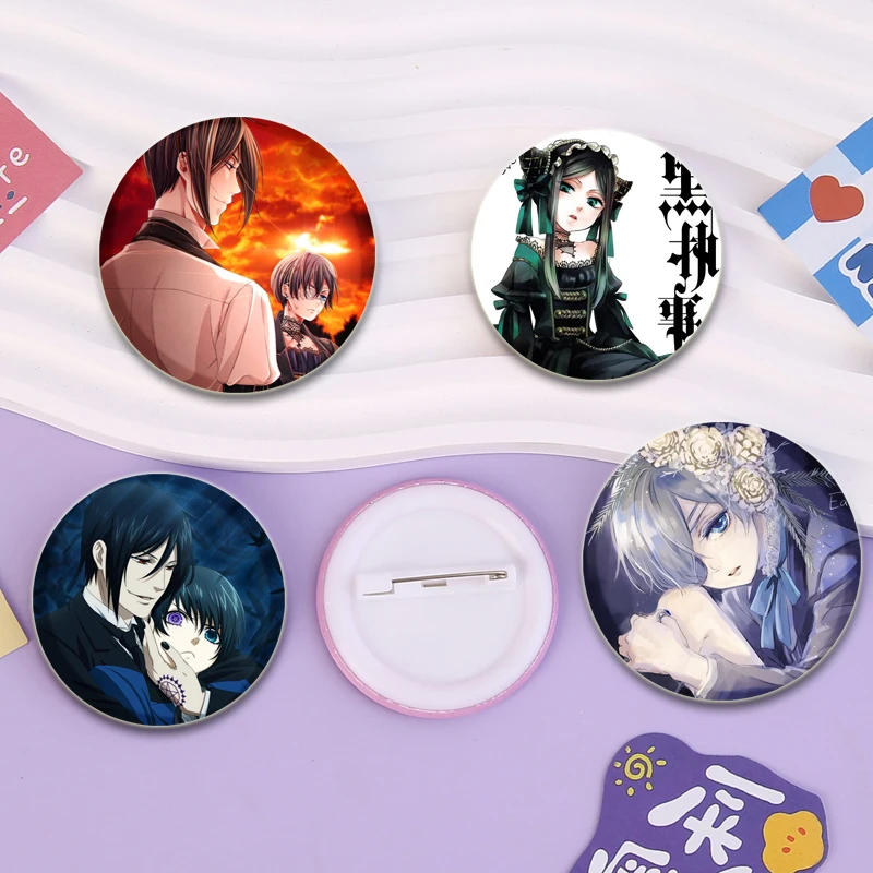 Black Butler Pins Round Anime Brooches Ciel Phantomhive Sebastian Michaelis Cartoon Badge Backpack Shoes Jewelry Accessories