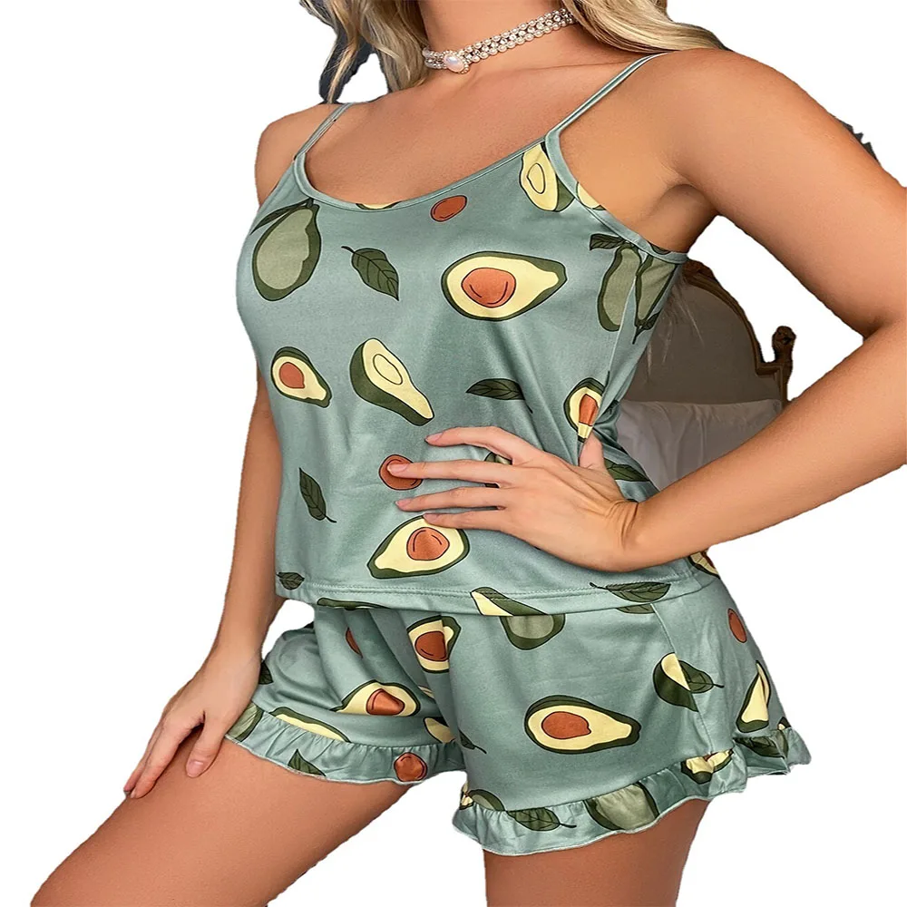 New women\'s large size pajamas printed leisure halter nightgown thin section of homewear set