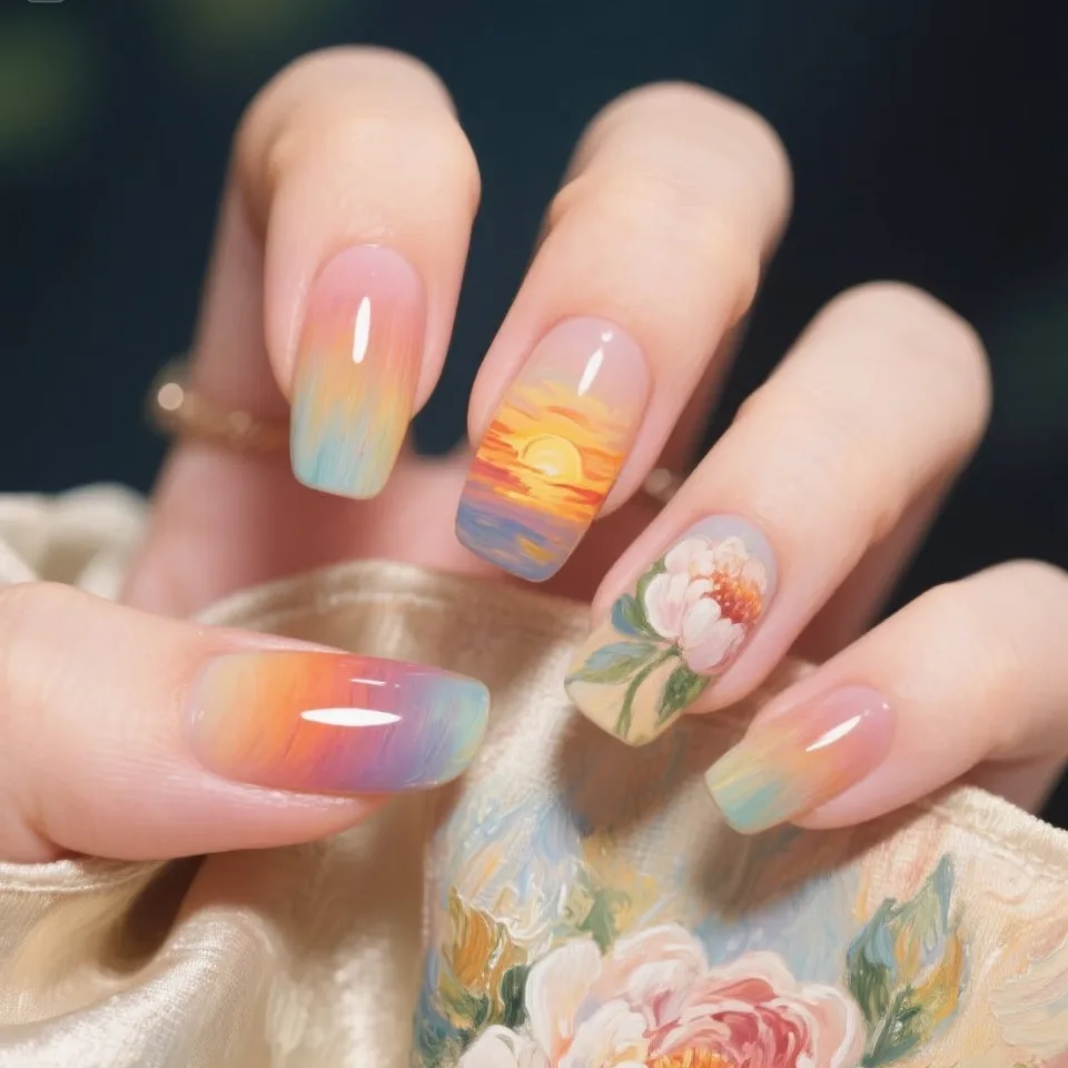 

24pcs Flower Full Cover Nail with Pearl Design Mid-length Ballet False Nails Press on Square Fake Nail Tip Wearable Manicure Set