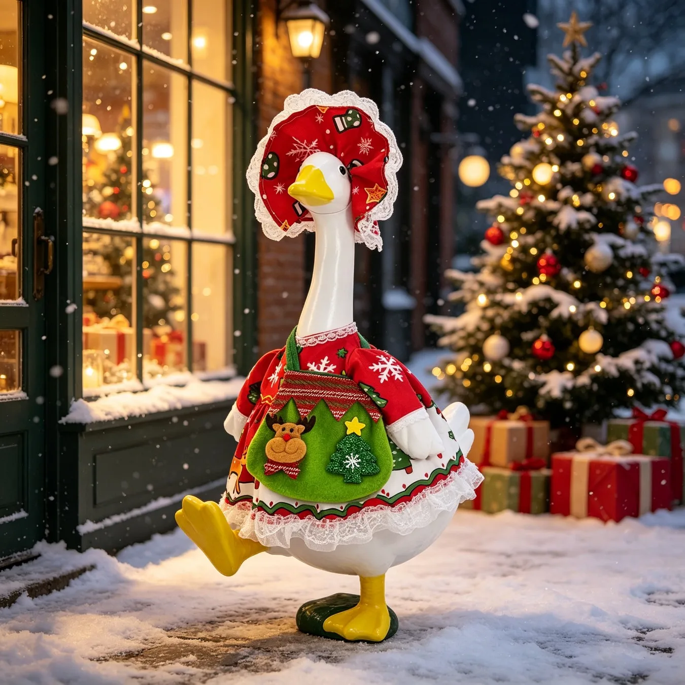 New Year Holiday Snowflake Themed Dress Hat Crossbody Bag For 23 Inch Porch Goose Sculpture Porch Yard Ornament Without Statue