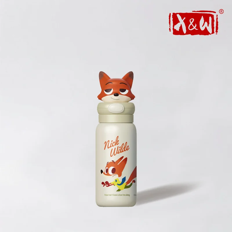 X&W 400ML for Disney Series Thermos 304 Stainless Steel Portable Handle Design PP Syringe Water Bottle Outdoor Camping Cups