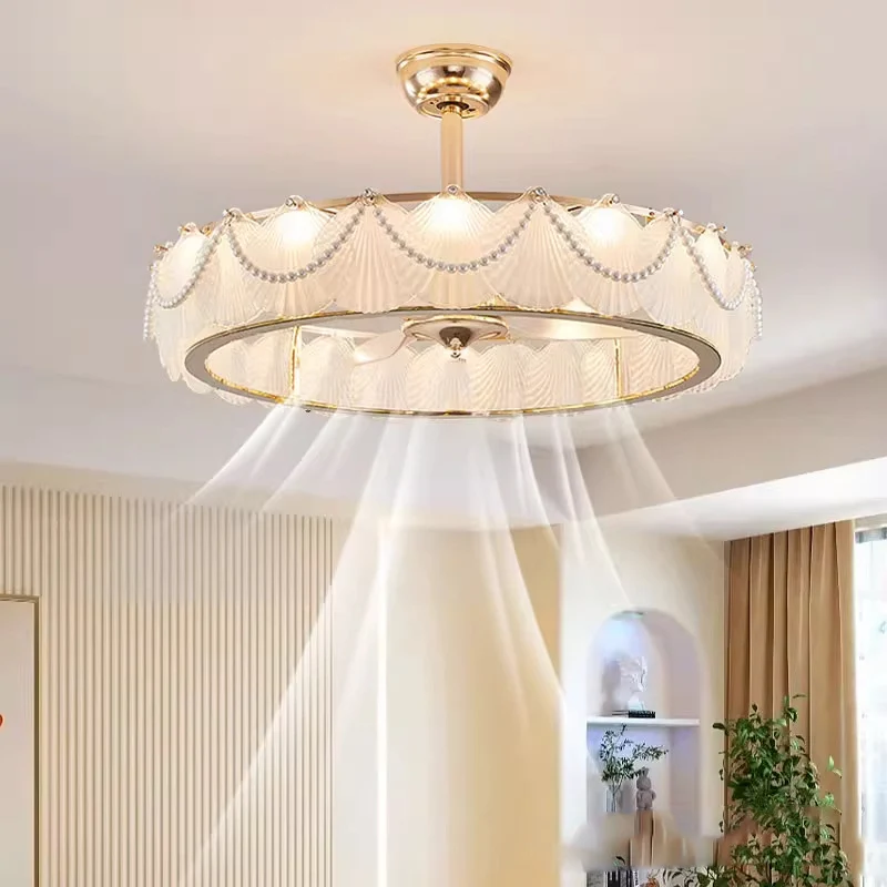 2025 new fan light luxury bedroom ceiling light cream style minimalist bedroom living room light pearl feather shell fan lamp