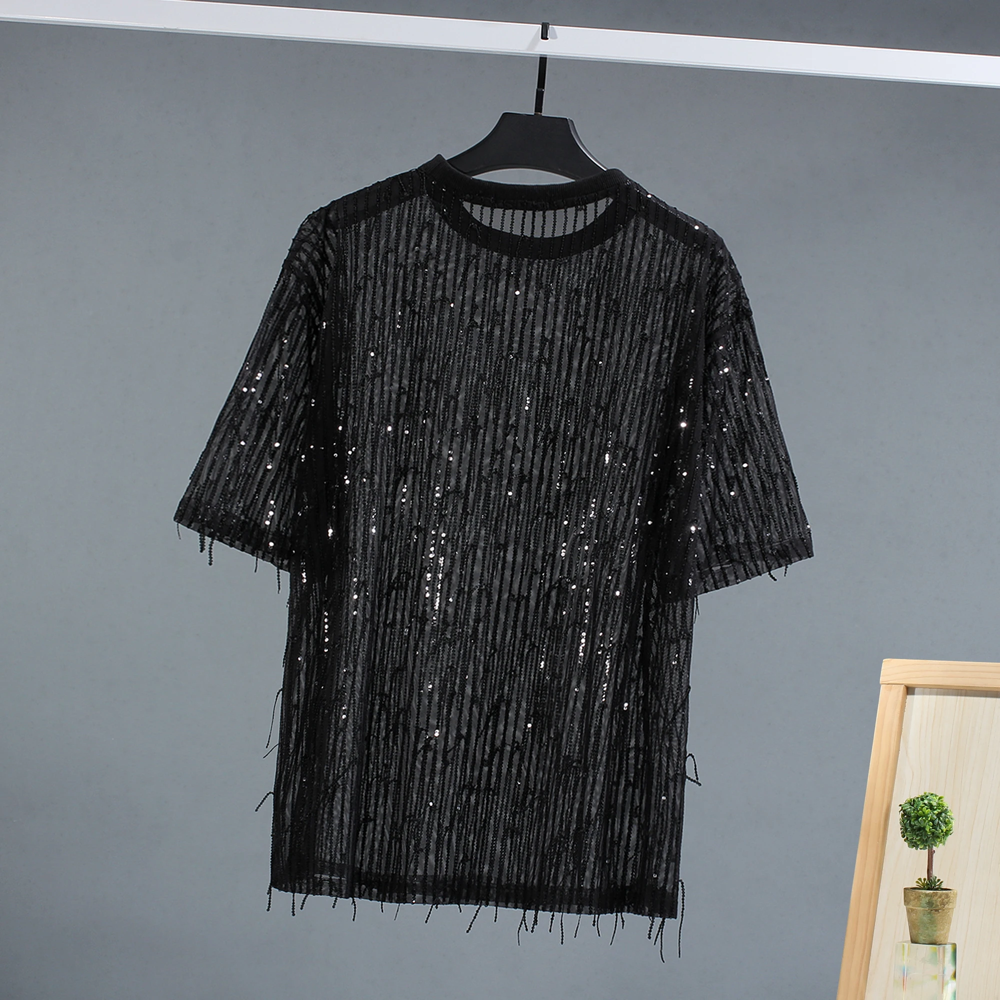 Tassels Sequins Premium T Shirt For Men Half Sleeved Stretchy Tees Summer Quality Hollow Oversized Loose Fit Camisetas De Hombre