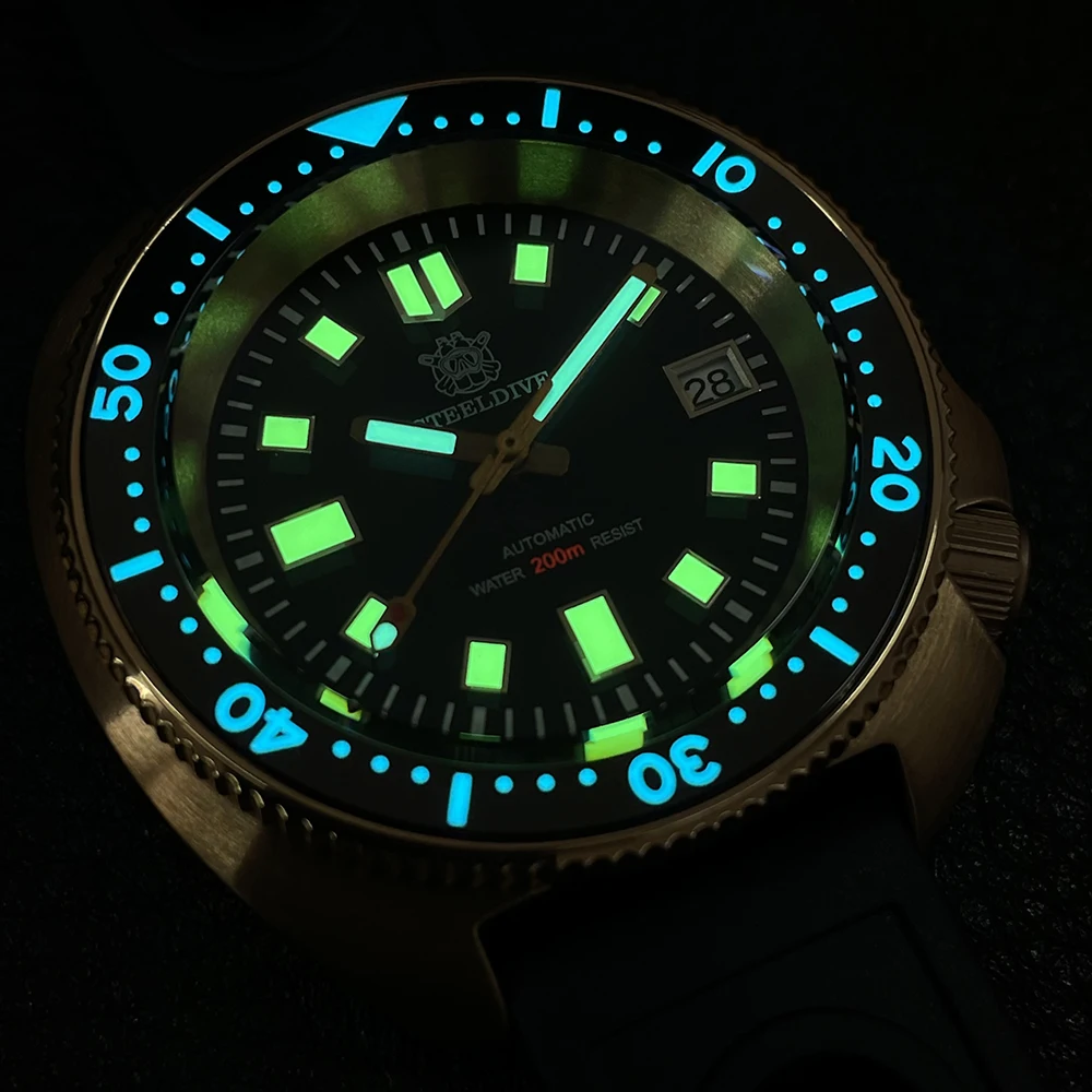STEELDIVE Men Bronze Dive Watch 200M Water Resistant Ceramic Bronze Bezel Automatic Movement Wristwatch