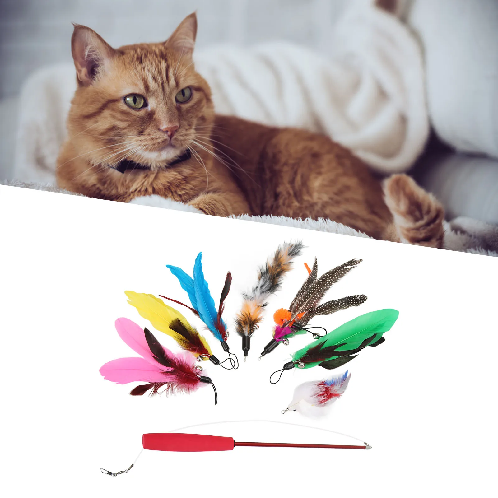 9pcs Cat Interactive Toy Feather Teaser Stick Wand Pet Retractable Feather Refill Replacement Catcher Product For Cat