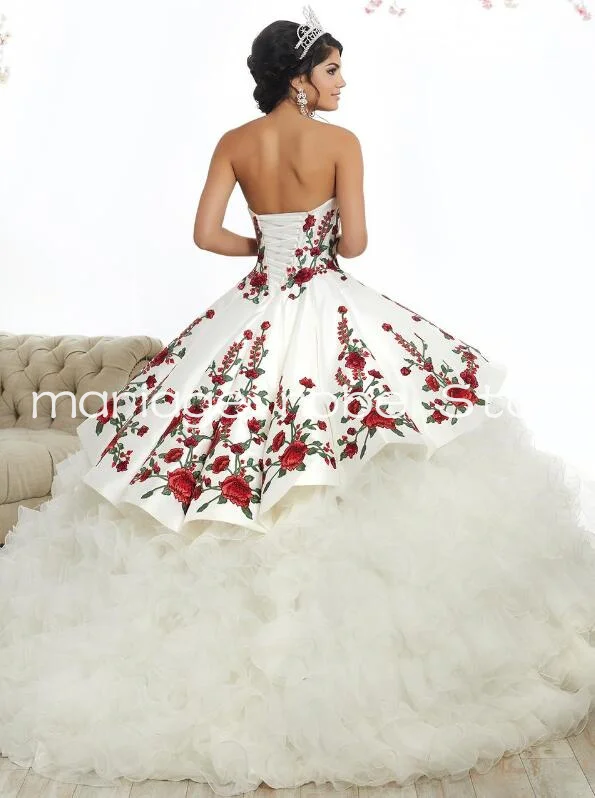 Vestidos de quinceañera con escote corazón blanco, chaqueta de media manga, bordado Floral, corsé con cordones, volantes, traje de quinceañera