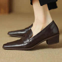 Large size 34-41 women's genuine leather square toe slip-on pumps 4cm thick low heel casual female four season  daily shoes sale