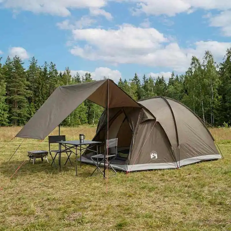 Tente Cabane 4 Personnes Polyester Acier Marron Gris 398x260x177cm Tente de Camping Légère Poteaux Fibre de Verre Auvent Amovible Fenêtres Maille Porte Zippée Accessoires Complets Installation Sol Véhicule Balcon Terrasse Randonnée Festival Sac de Transport