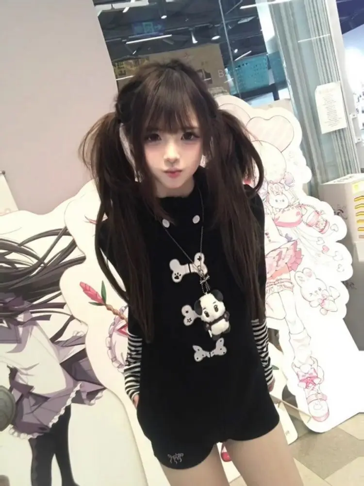 Y2k ボディコンアメリカンヴィンテージ長袖黒パーカーストライプ女性カジュアルパッチワークコート春秋甘い 2025 新着