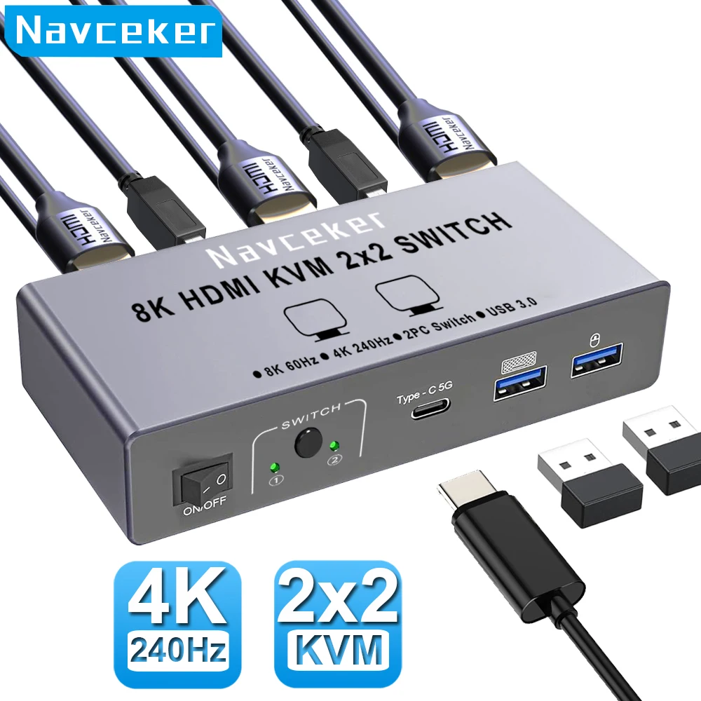 Navceker 4K 240Hz HDMI KVM Switch for 2 Monitor 2 PCs 8K 60Hz USB C USB 3.0 Sharing Monitor Keyboard Mouse Printer with HDR 3D