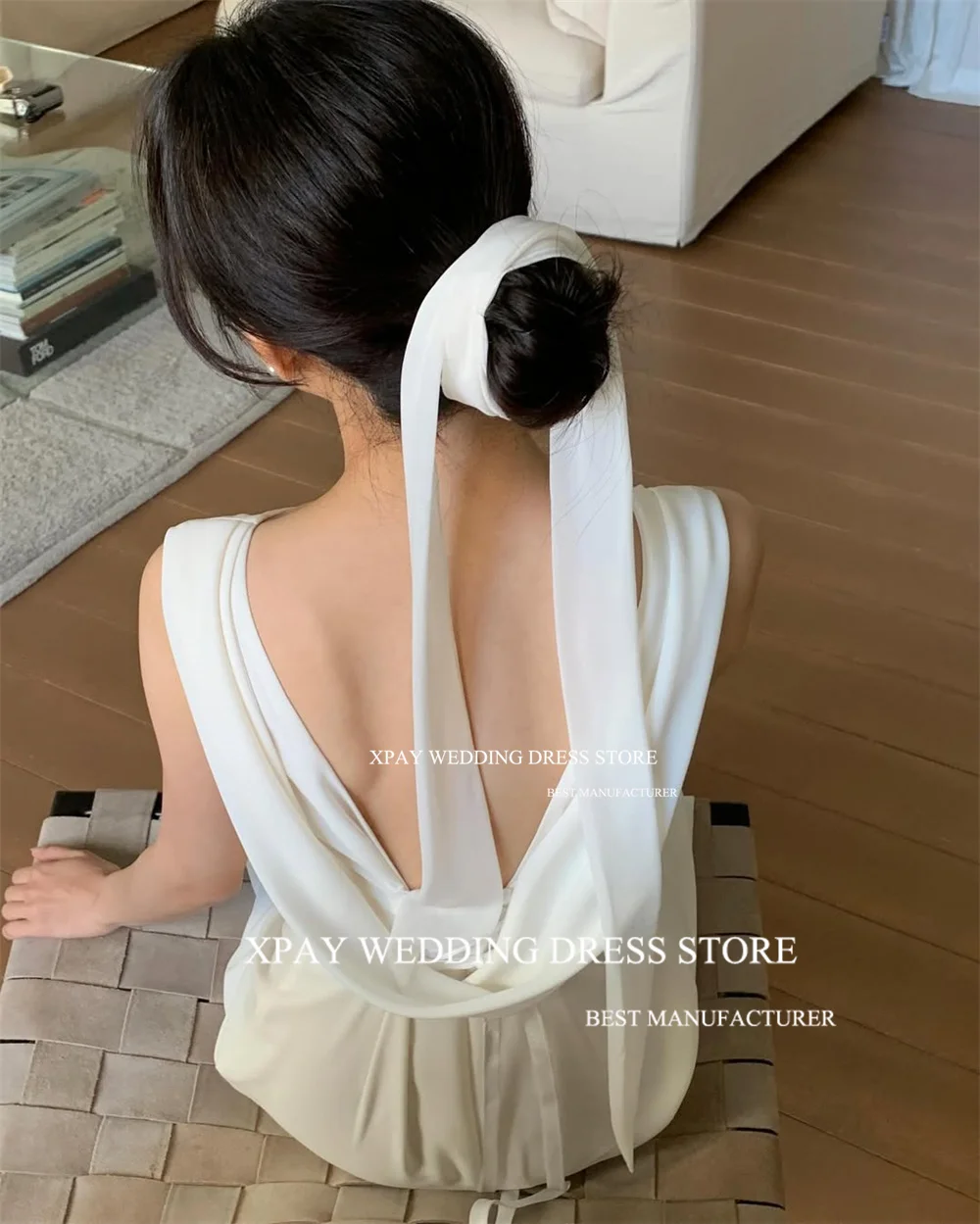 XPAY Elegant Scoop Neck Korea Wedding Party Dresses Cowl Backless Satin Customized Bride Dress Backless Bridal Gown Photos Shoot image 4