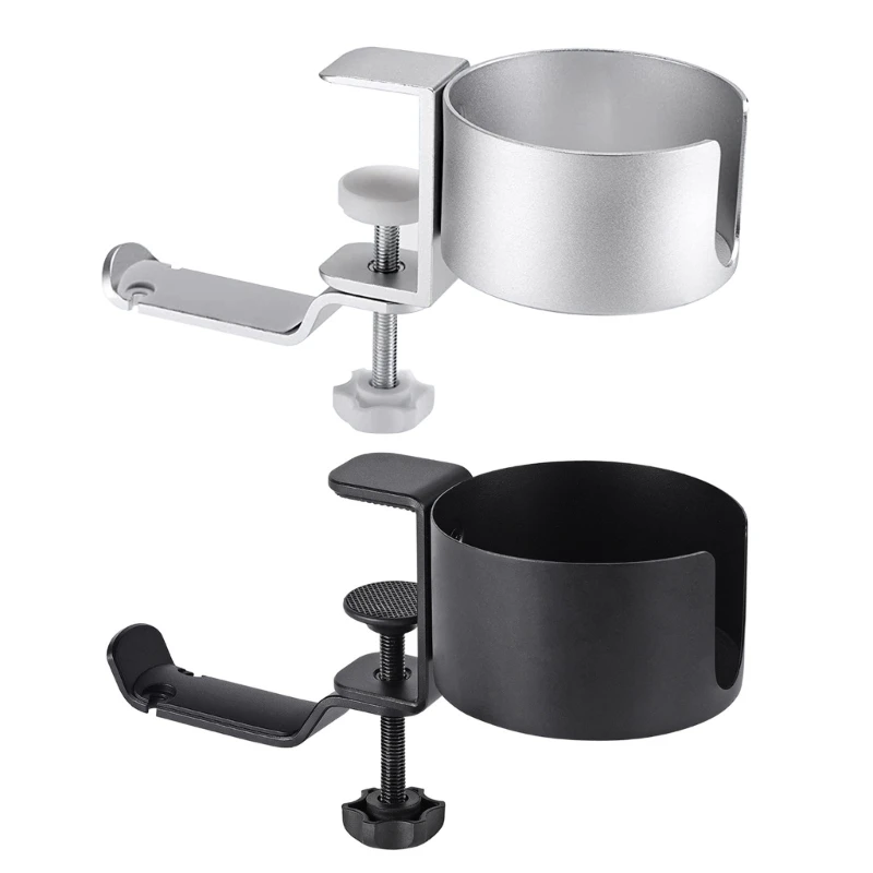 Elegant Metal Headphone Hanger Headset Hook and Mark Cup Holder 2 in 1- 360Degree Swivels Tool-Free Design Silver/Black