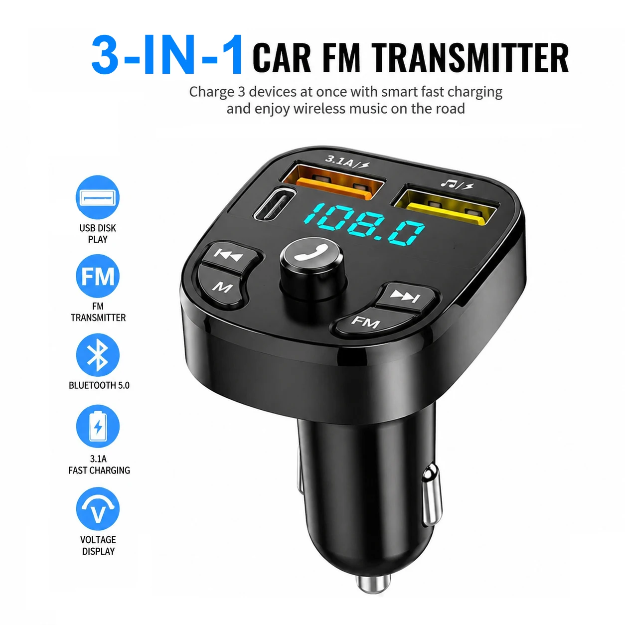 Hands Free Wireless Car Kit Car MP3 Player Bluetooth-Compatible 5.0 Support TF Card U Disk Fast Charger Car FM Transmitter