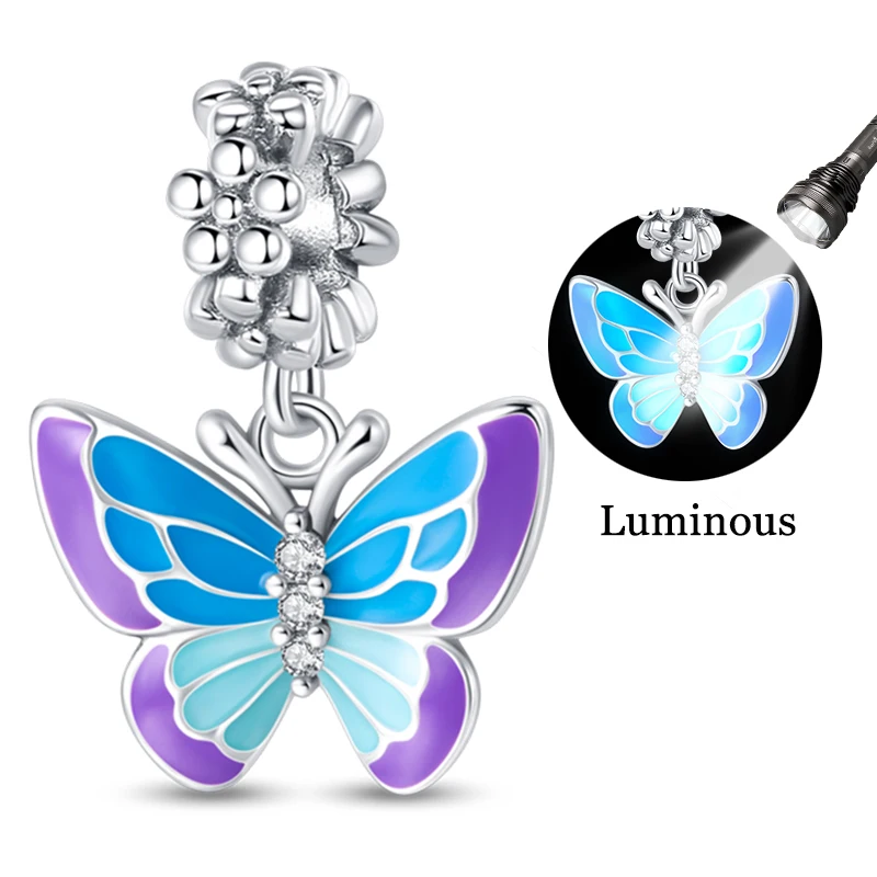 Original 925 Sterling Silber Charms Perlen Bunte Leuchtende Schmetterling Anhänger Charms Für Frauen Feine DIY Geburtstag Schmuck Geschenke