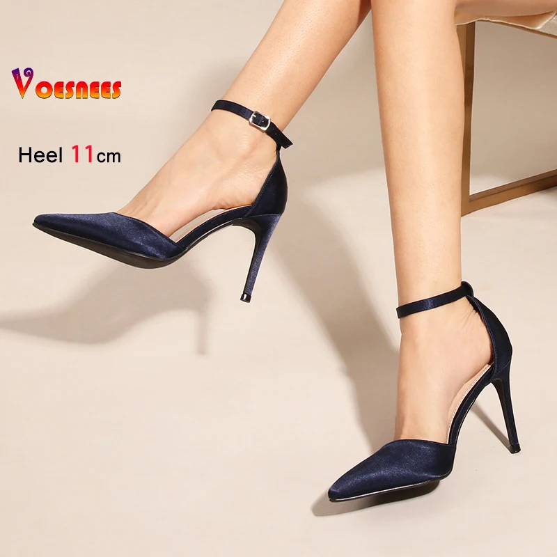 レディース向けファッションサテンパーティーシューズ、11CMスティレットポインテッドオフィスワークシューズ、アンクルバックルストラップ、エレガントなハイヒールサンダル