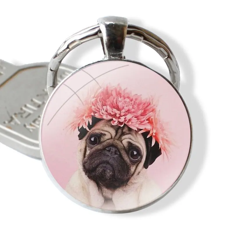 pug dpt Keychain Handmade Glass Cabochon Key Ring Holder Pendant Key Chains image 4