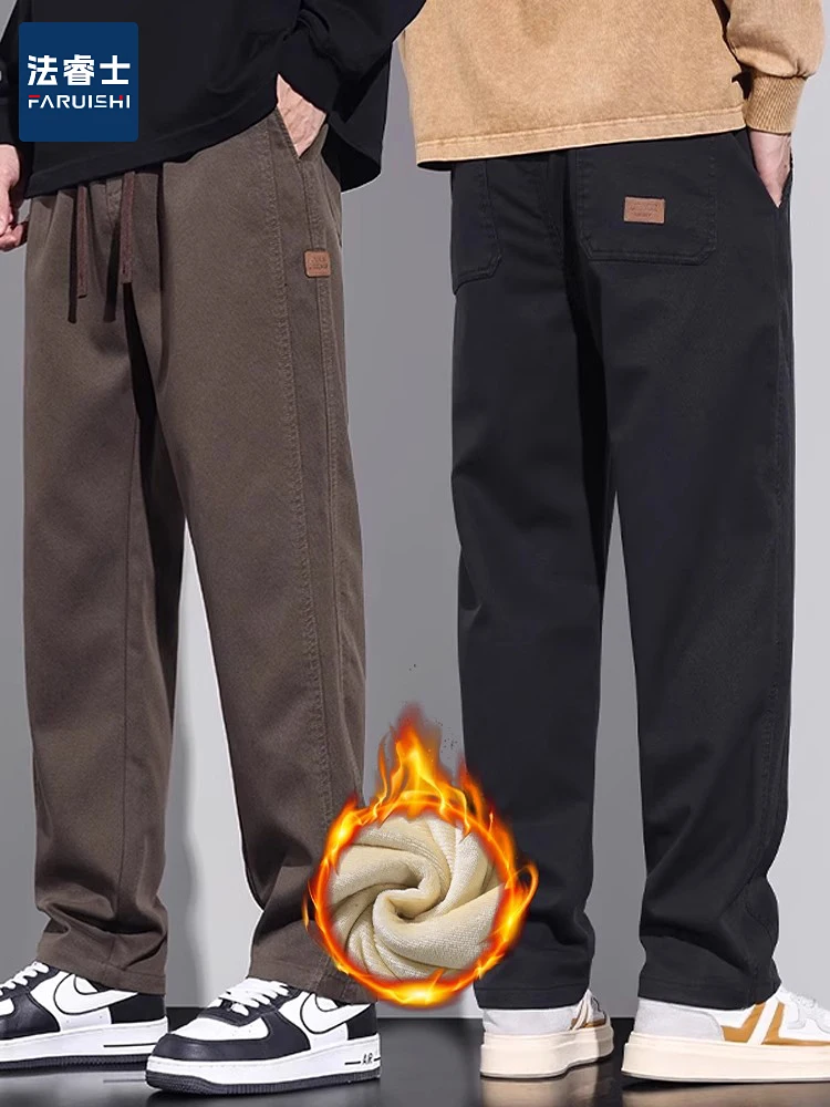 

American Sle Men's Casual Pants Autumn Winter Thiened Fce Straight Leg Workwear Trousers Loose Fit Youthful Sle