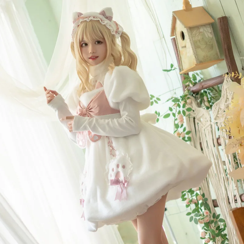 

Lolita Kawaii Dresses Girls Miads Princess Women Dress Winter Pink Rabit Sweet Japanese Harajuku Cute Cosplay One Piece Dress