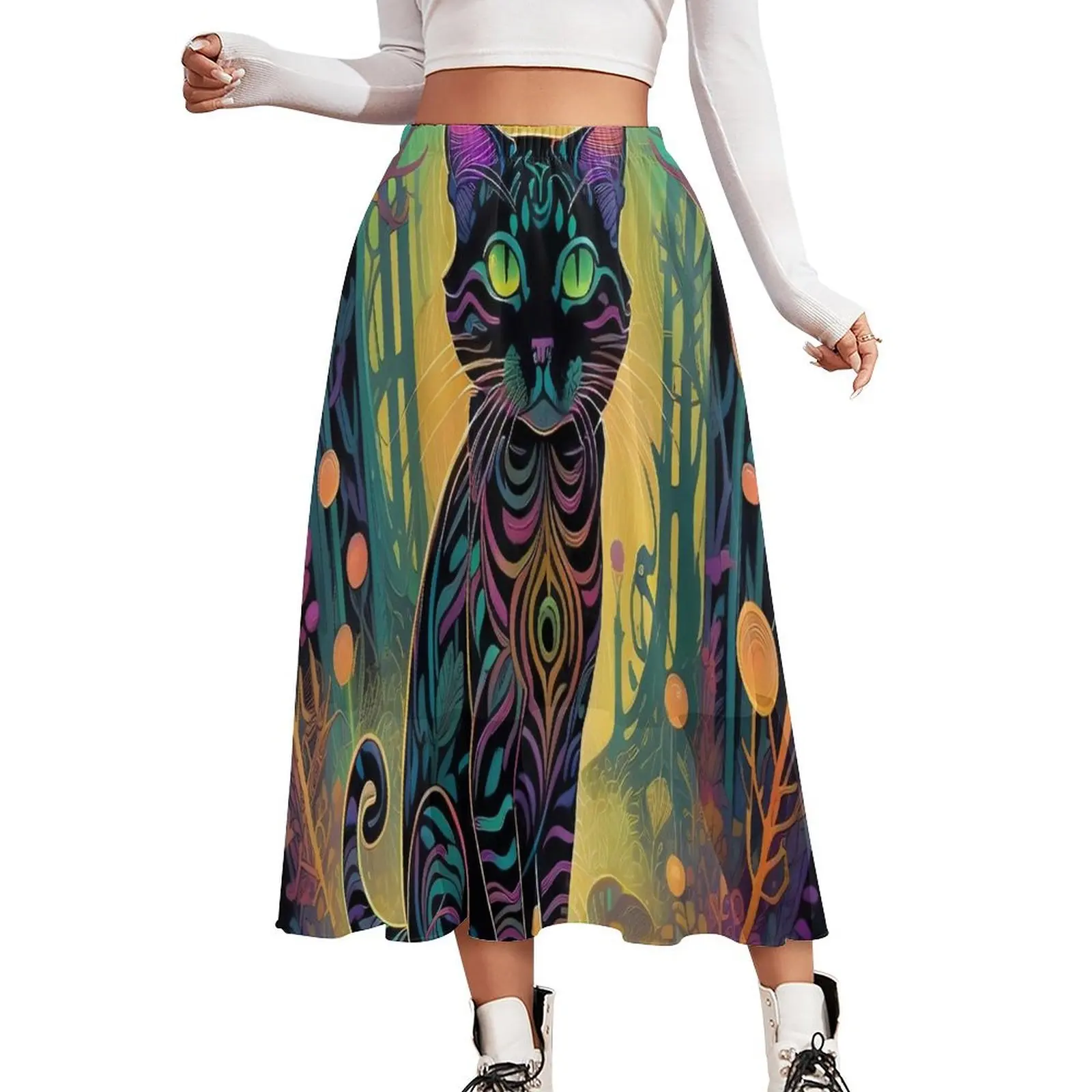 Magic Cats in The Forest Chiffon Skirt Psychadelic Print Aesthetic Long Skirts Ladies Boho Skirt Design Bottoms Birthday Present