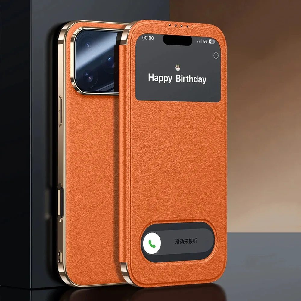 

Genuine Real Leather Thin Flip Case Suitable For iPhone 17 Pro Max Window Orange Book Cover phone case