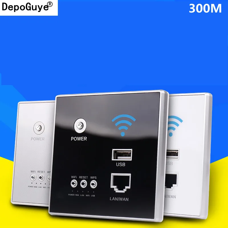 Depoguye 86 WiFi wall socket RJ45 network interface, crystal glass panel USB charging socket, 300M wall WiFi router AC110V-250V