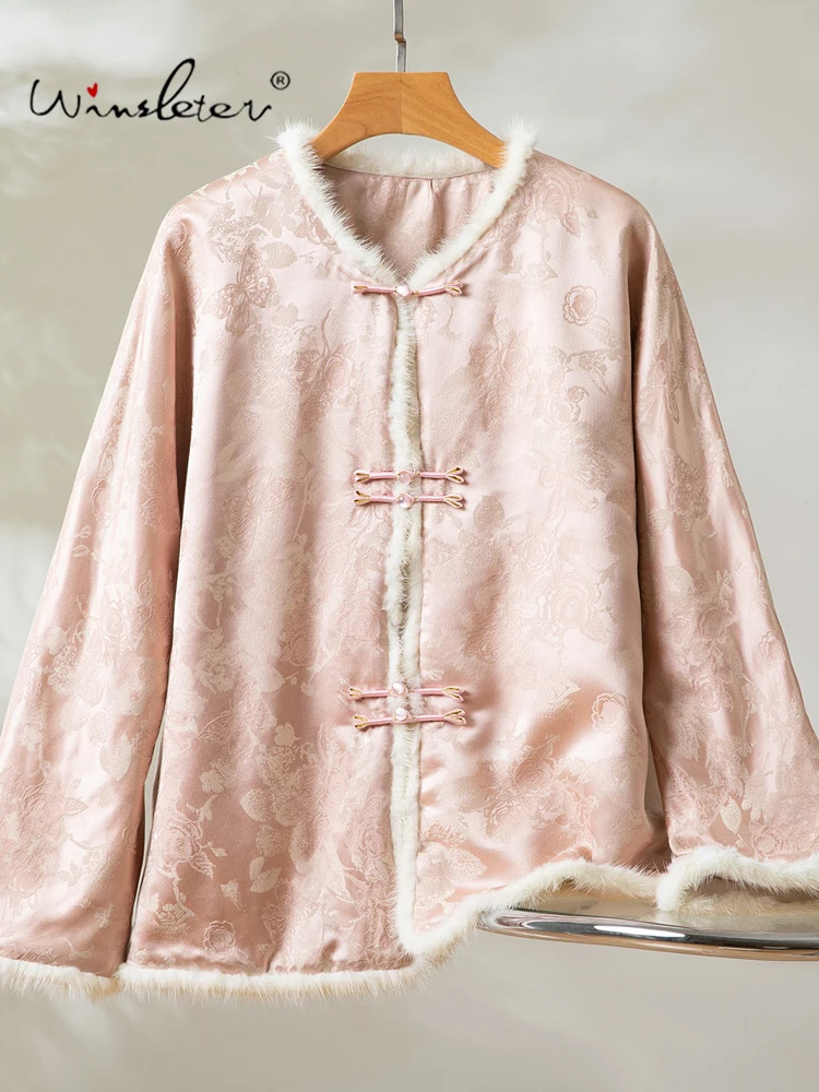 

Winsleter-35%Silk 65%Wool Elegant Coat, Mink Fur Patchwork, Women Jacquard Retro Versatile Loose Coat, 2025 Winter New C5D408CC