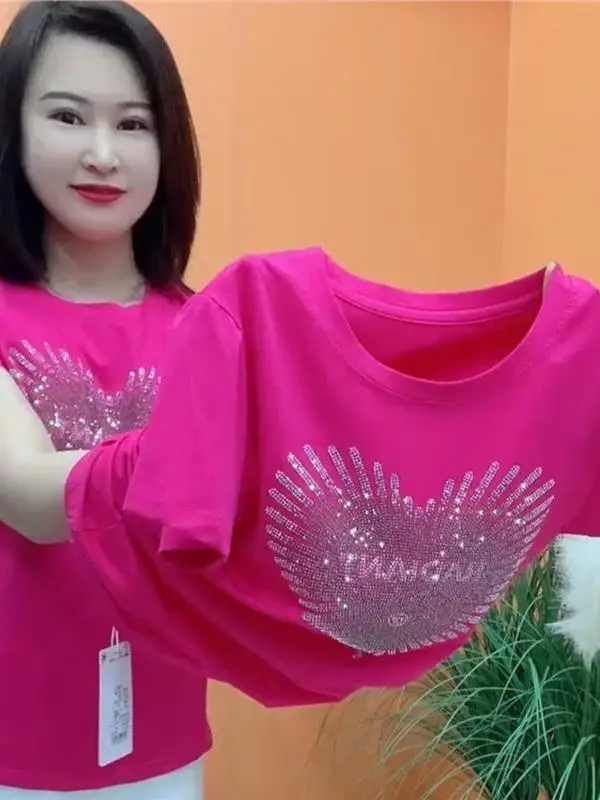 Summer New Heavy Duty round Neck Rhinestone Short Sleeve Women's T-shirt Versatile Slimming Fashionable Mommy Style Top