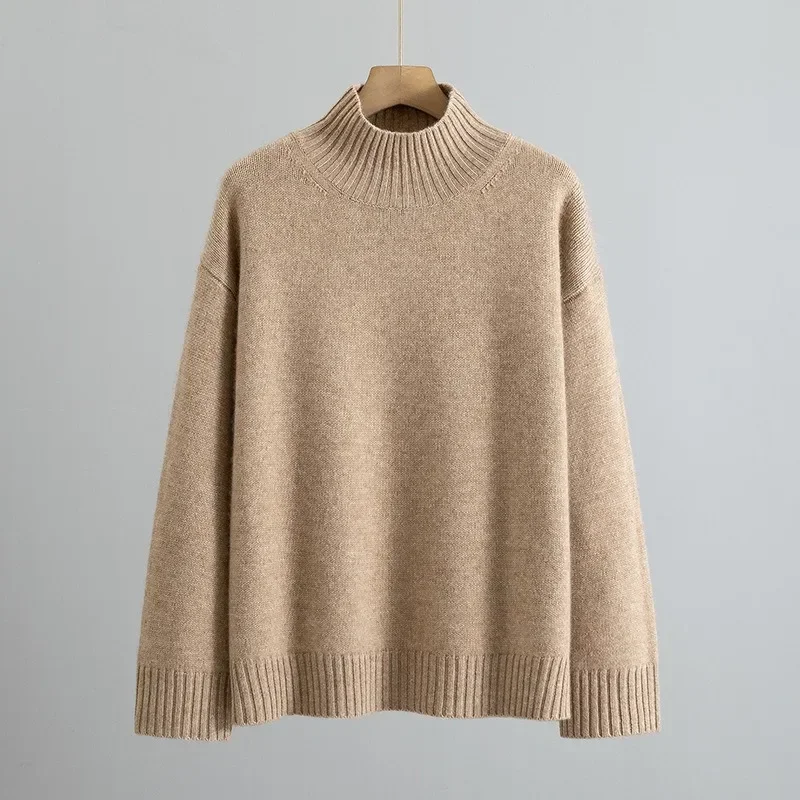 Autumn and Winter Classic 100% Cashmere Half-high Neck Loose Pullover Knitwear Sweater Women