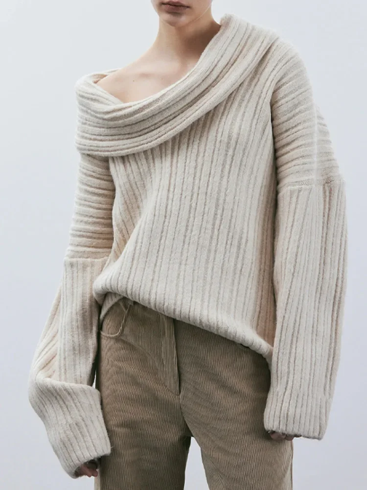 Elegantní celistvý lomítko krk hustý pletené topy ženy ležérní dlouhé rukáv volné teplý pulovr ženské móda vysoký ulice svetr