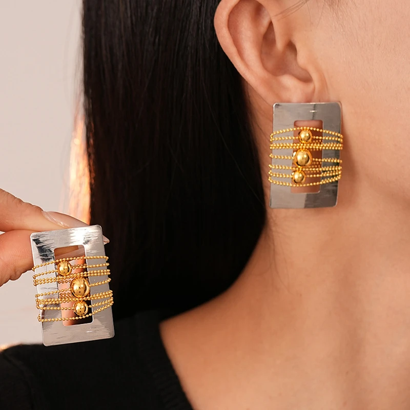 2026 Exaggerated Metal Chain Beaded Contrast color Wrapped Geometric Stud Earrings for Women Girls Unique Party Jewelry Gifts