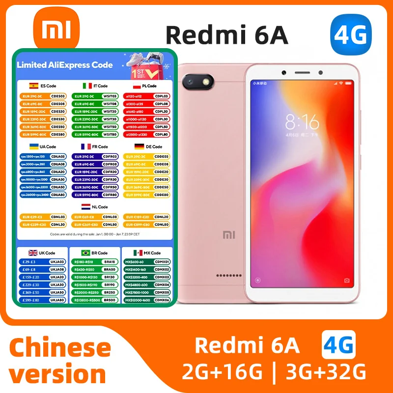 Xiaomi Redmi 6a/Redmi 7 Android 4G Ontgrendeld 5,45 inch 3 GB RAM 32 GB ROM (test) in goede staat Originele mobiele telefoon