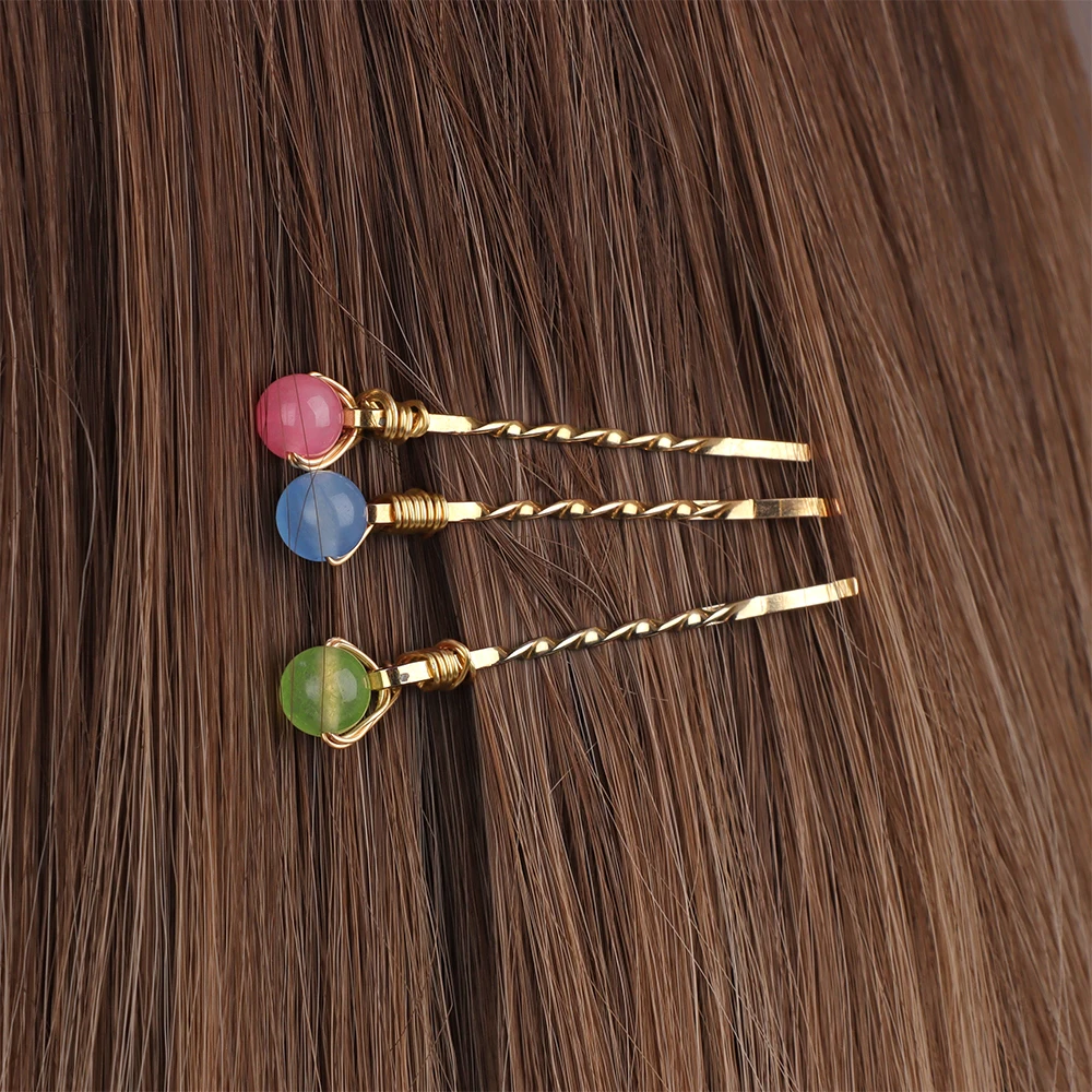 5pcs/set Natural Stone Round Beads Hair Clips Colorful Cat Eye Opal Pearl Crystal Beads Hairpins For Women Girl Hair Accessories