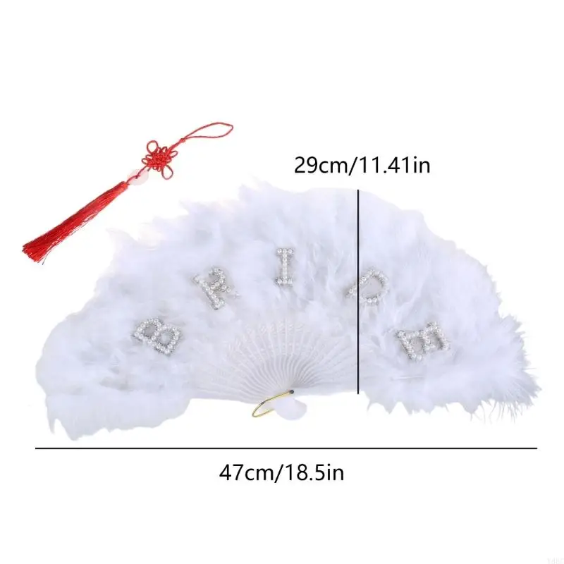 Hermoso abanico hecho a mano Y88C, abanico plumas para boda, elegante abanico mano nupcial con pluma