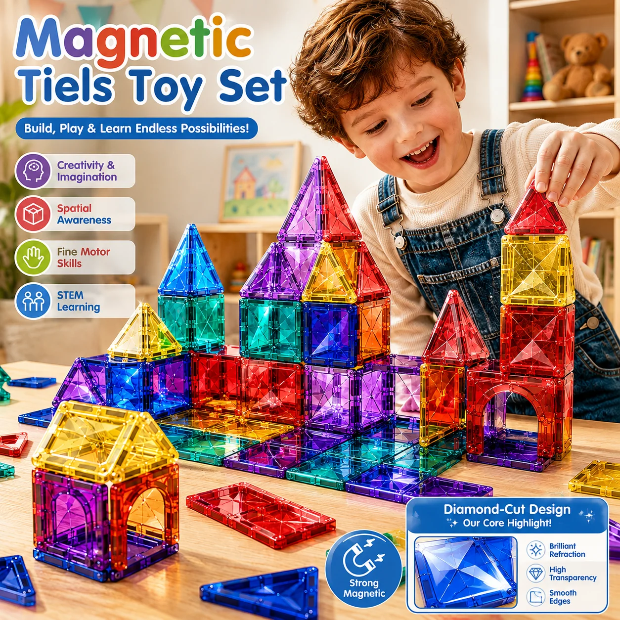 Magnetic Tiles Diamond‑Cut Surface Building Blocks STEM Magnet Construction STEM Montessori Sensory Toys for Children Boy Girl