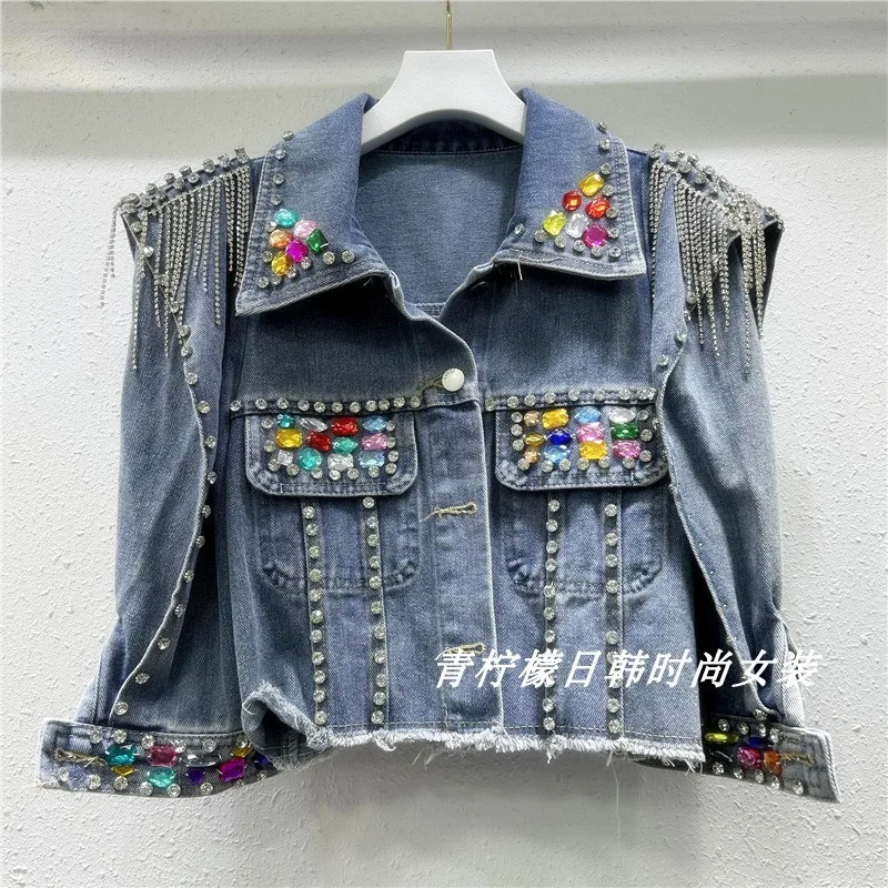 

Spring New Pearl Diamonds Chain Tassel Frayed Burrs Hem Women Short Denim Jacket Lapel Half Sleeve Female Blue Jeans Jacket Coat