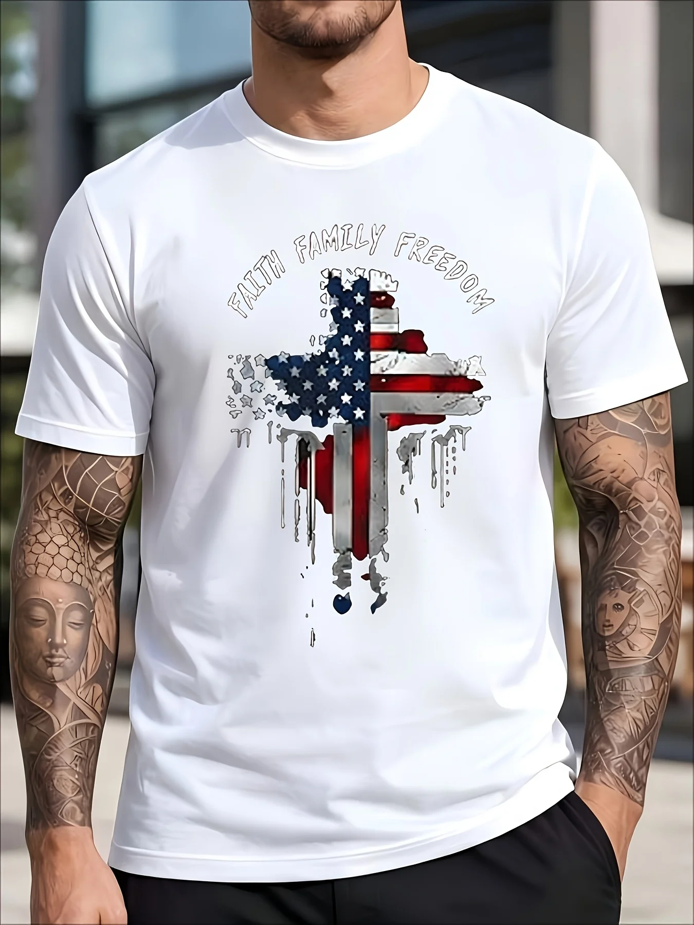 Men's Short-Sleeve T-Shirt Available in Black and White, with a Distressed American Flag Cross Design, Faith Family Freedom Patriotic Text Print, Loose Fit, Large Size, Summer Casual Crew Neck Top
