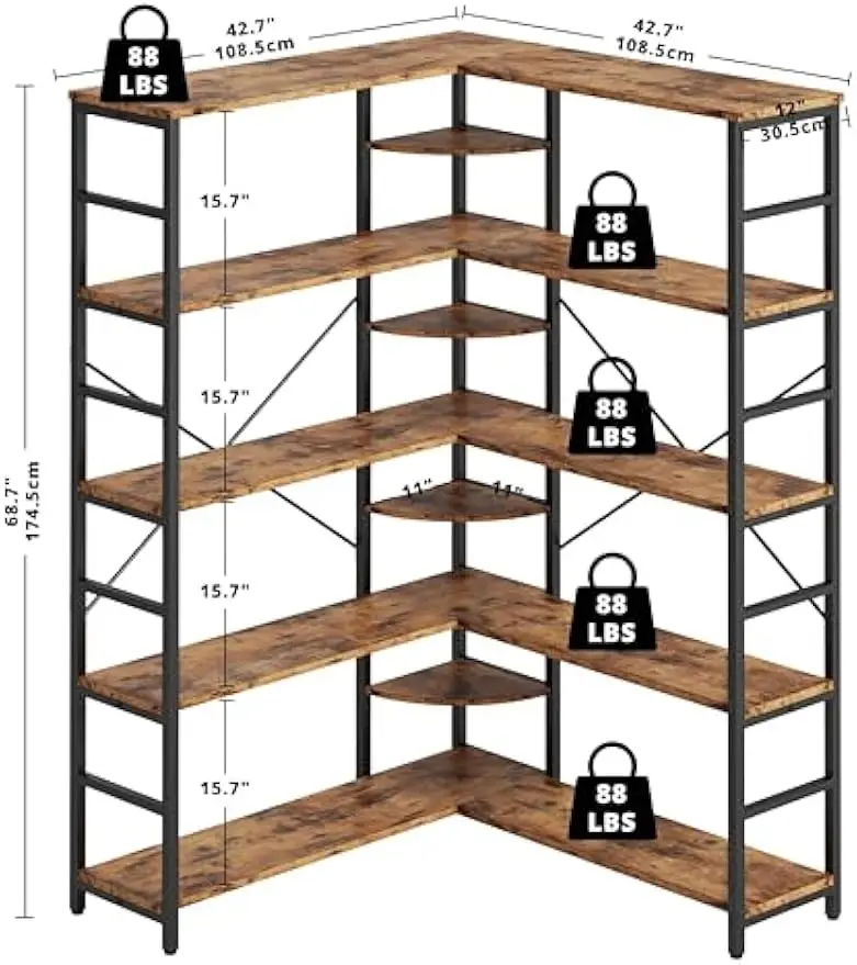 IRONCK Industrial Bookcases and Bookshelves, 5-Tiers Corner Bookcase with Curved Panels, L Shaped Shelf with Metal Frame